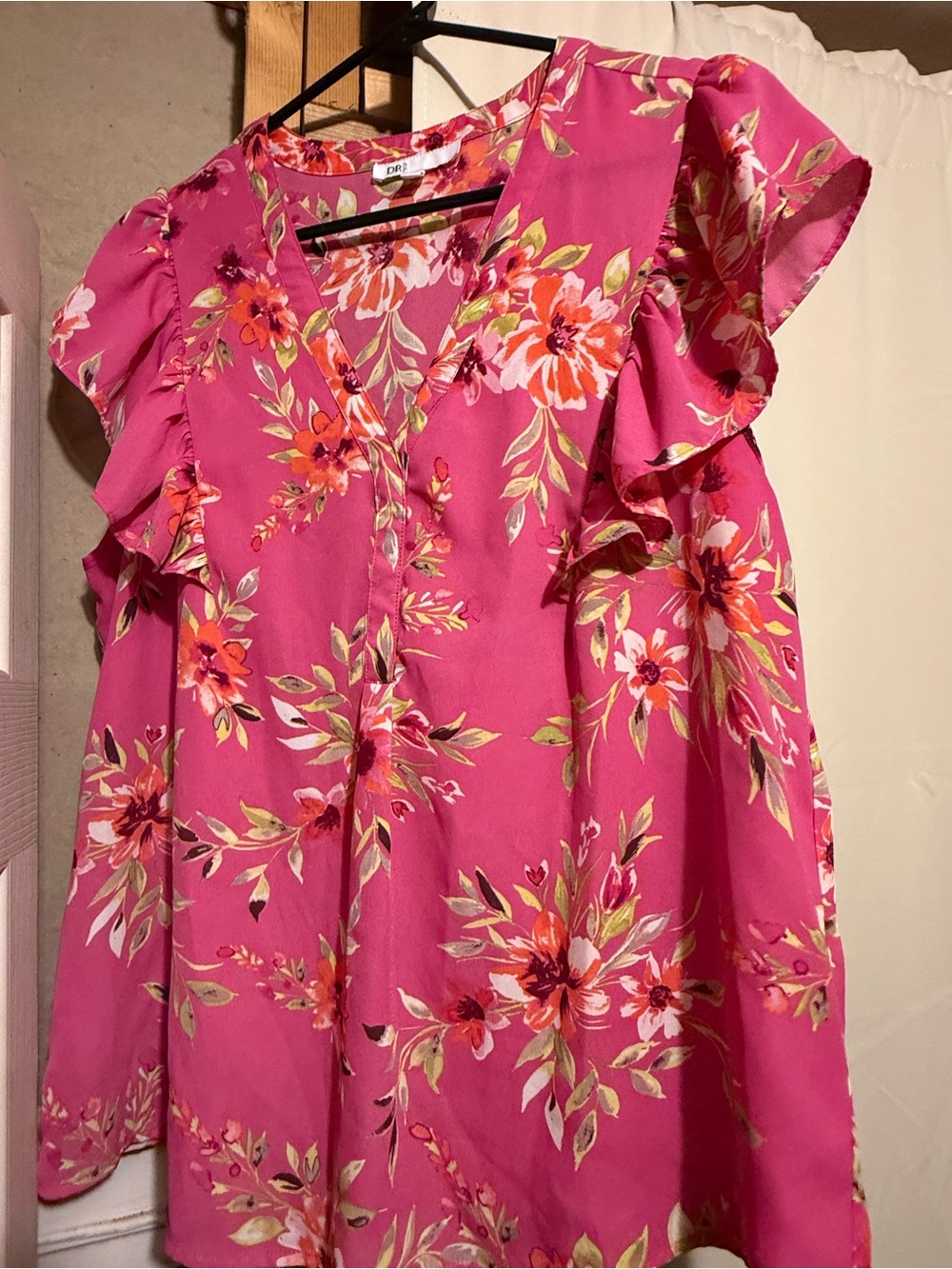 DR2 Hot Pink Floral V-Neck Ruffle Sleeve Dress